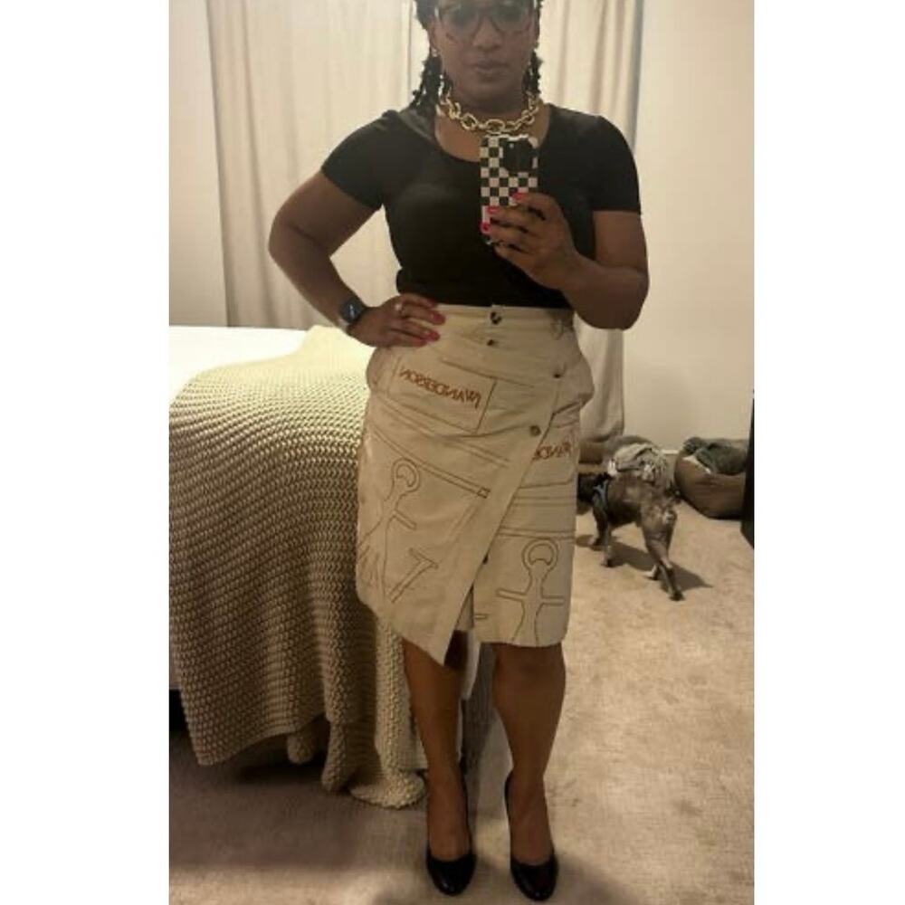 JW ANDERSON Tan Khaki 100% Cotton A-Line Logo Travel Asymmetrical Wrap Skirt 10 - Picture 14 of 14